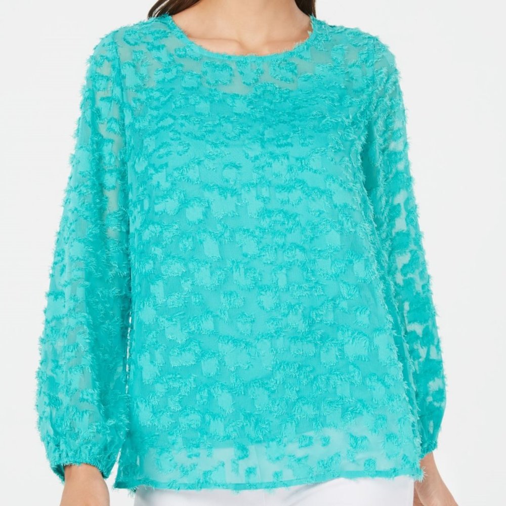 ALFANI Womens Green Textured Long Sleeve Jewel Neck Top - Picture 2 of 4